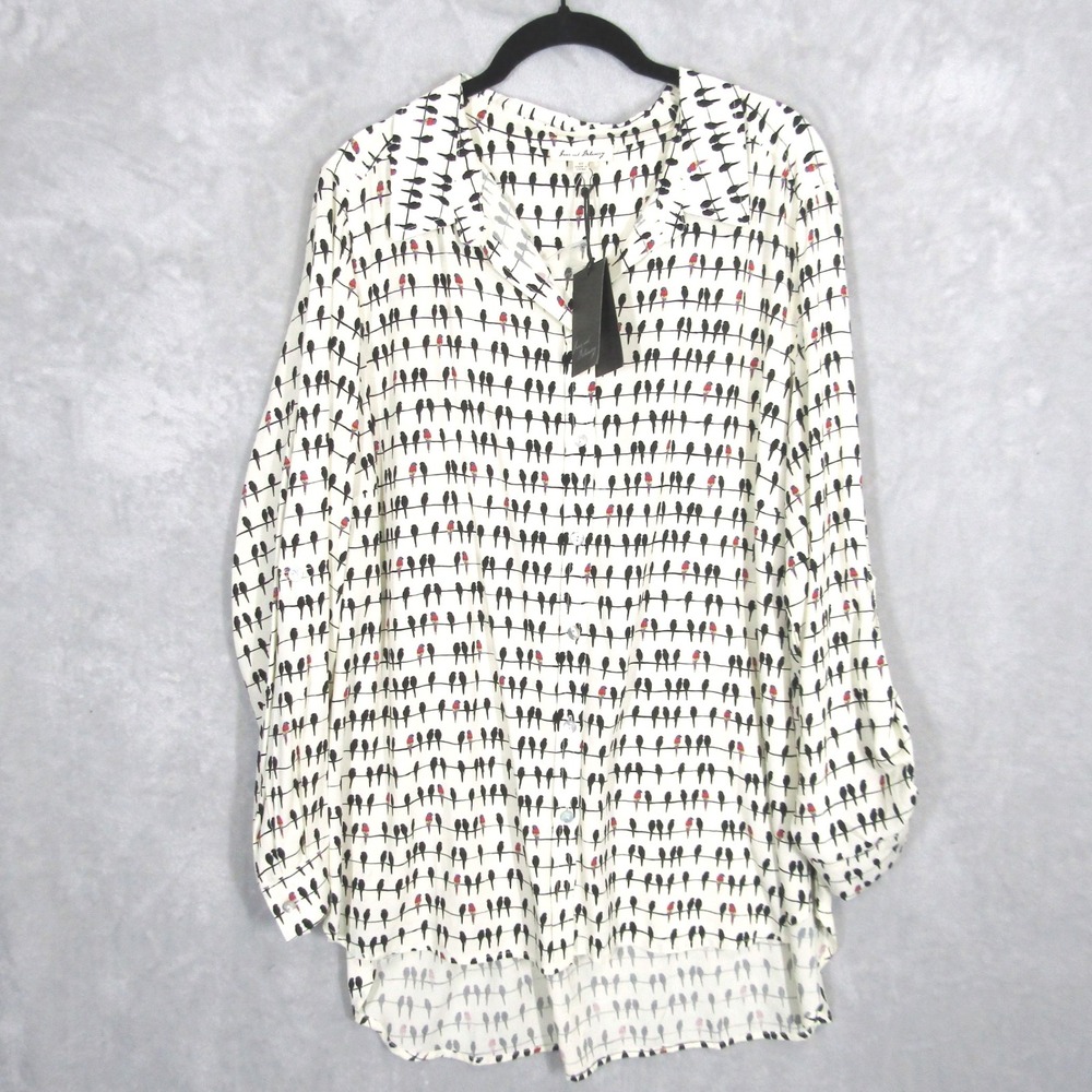 Jane and Delancey Bird Print Button Down Tunic Shirt Womens 2X Cream Rayon NWT